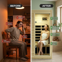 Far Infrared Sauna European Aspen Wood 1 Person Infrared Sauna for Home 905W Low EMF Mini Indoor Sauna with Bluetooth Speakers, Right Door — Before & After