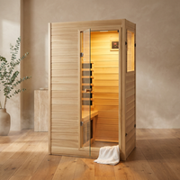 Far Infrared Sauna European Aspen Wood 1 Person Infrared Sauna for Home 905W Low EMF Mini Indoor Sauna with Bluetooth Speakers, Right Door — Studio Shot