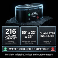 Inflatable Ice Bath Tub for Athletes – 216-Gallon Cold Plunge Tub with Insulated Lid, Full-Body Stretch Design, Insulated & Water Chiller Compatible, Portable for Indoor & Outdoor Recovery — Results & Stats
