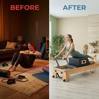 Pilates Reformer Kit, Deluxe Premium Maple Machine with Reformer Box, Jump Board & Adjustable Resistance, Smooth Glide for Home or Studio — Before & After