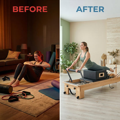 Pilates Reformer Kit, Deluxe Premium Maple Machine with Reformer Box, Jump Board & Adjustable Resistance, Smooth Glide for Home or Studio