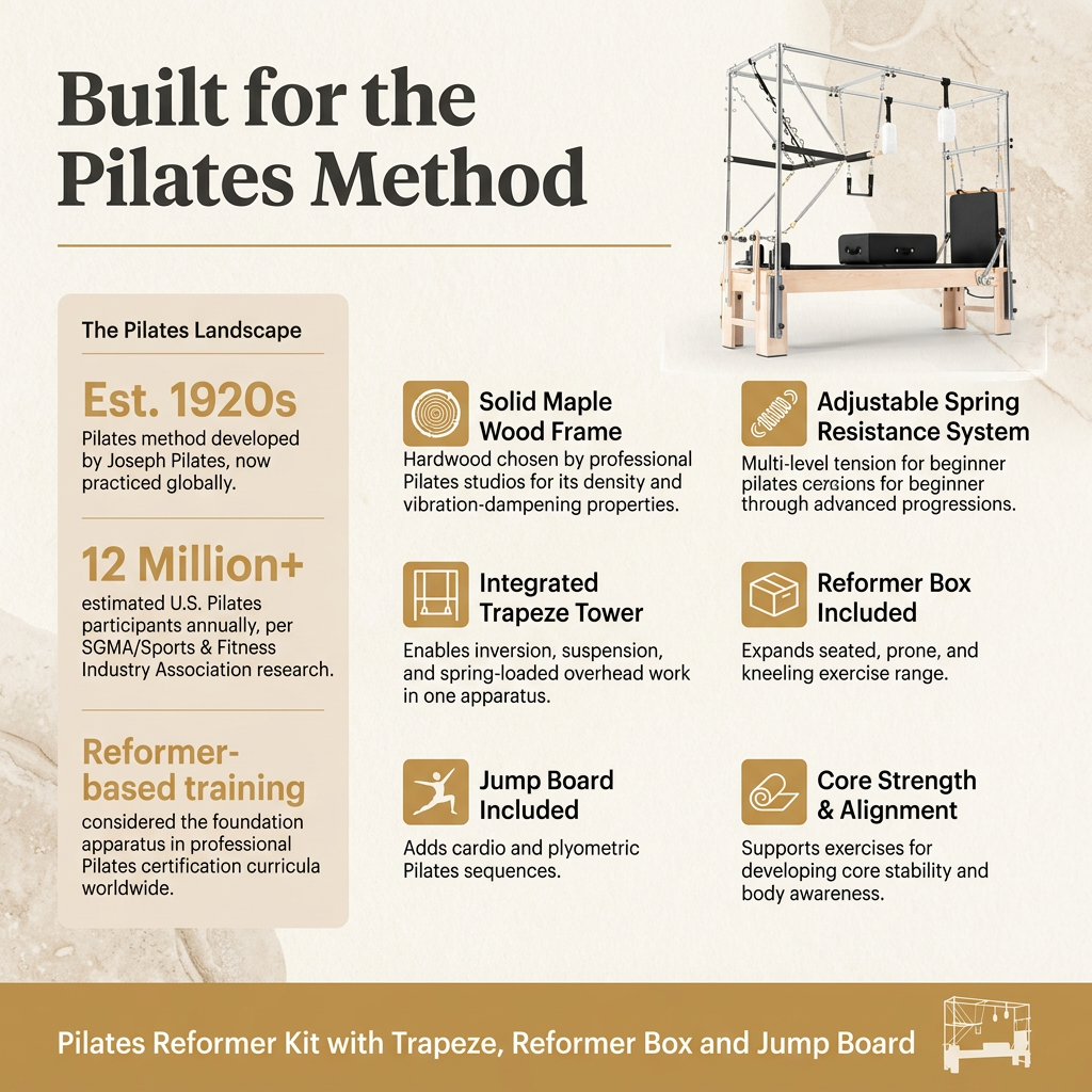 Pilates Reformer Kit, Deluxe Premium Maple Machine with Reformer Box, Jump Board & Adjustable Resistance, Smooth Glide for Home or Studio