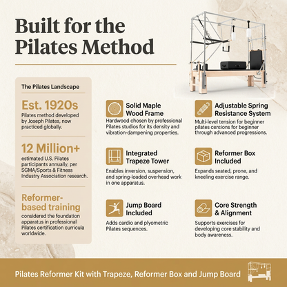 Pilates Reformer Kit, Deluxe Premium Maple Machine with Reformer Box, Jump Board & Adjustable Resistance, Smooth Glide for Home or Studio