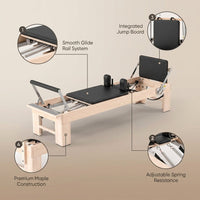 Pilates Reformer Kit, Deluxe Premium Maple Machine with Reformer Box, Jump Board & Adjustable Resistance, Smooth Glide for Home or Studio — infographic