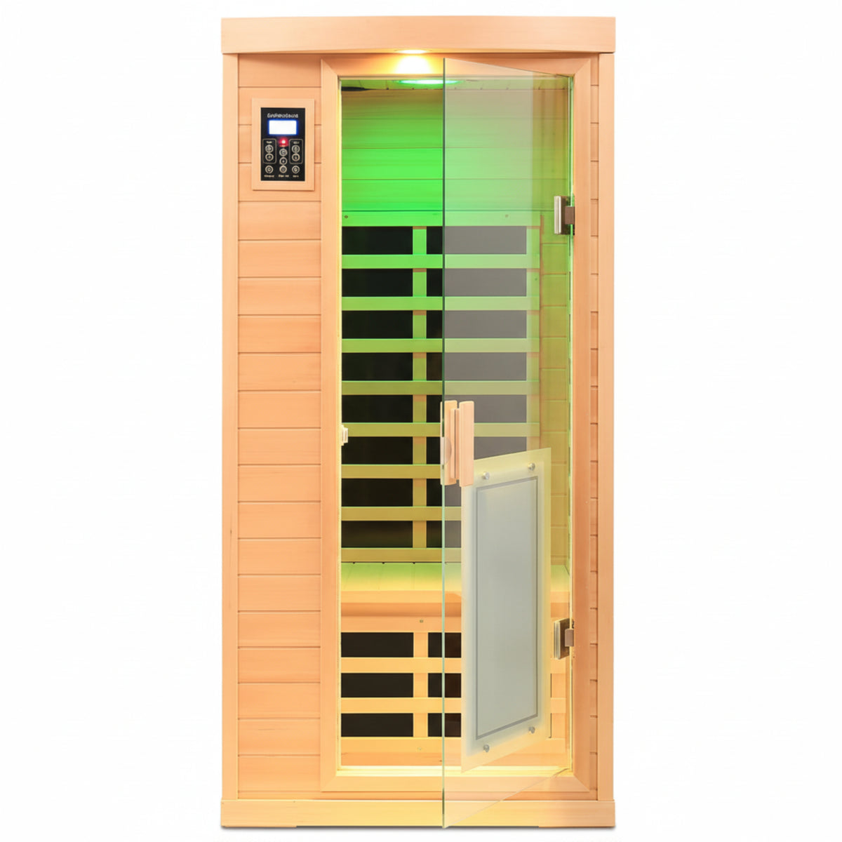 Far Infrared Sauna 1 Person Infrared Home Sauna Room 0-5Mg Utra Low EMF Home Sauna Spa 1460W Canadian Hemlock Wooden Indoor Dry Sauna with Door Heating Plate, 2 Control Panels