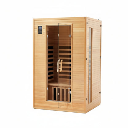 2024 Upgrade 2 Person Sauna, Low EMF 6 Heating Plate Infrared Physical Therapy Wooden Dry Steam Sauna with MP3 Auxiliary Connection, Dual Controls, Iron Shirt Wall Plate, Home Spa Day Use, Gift