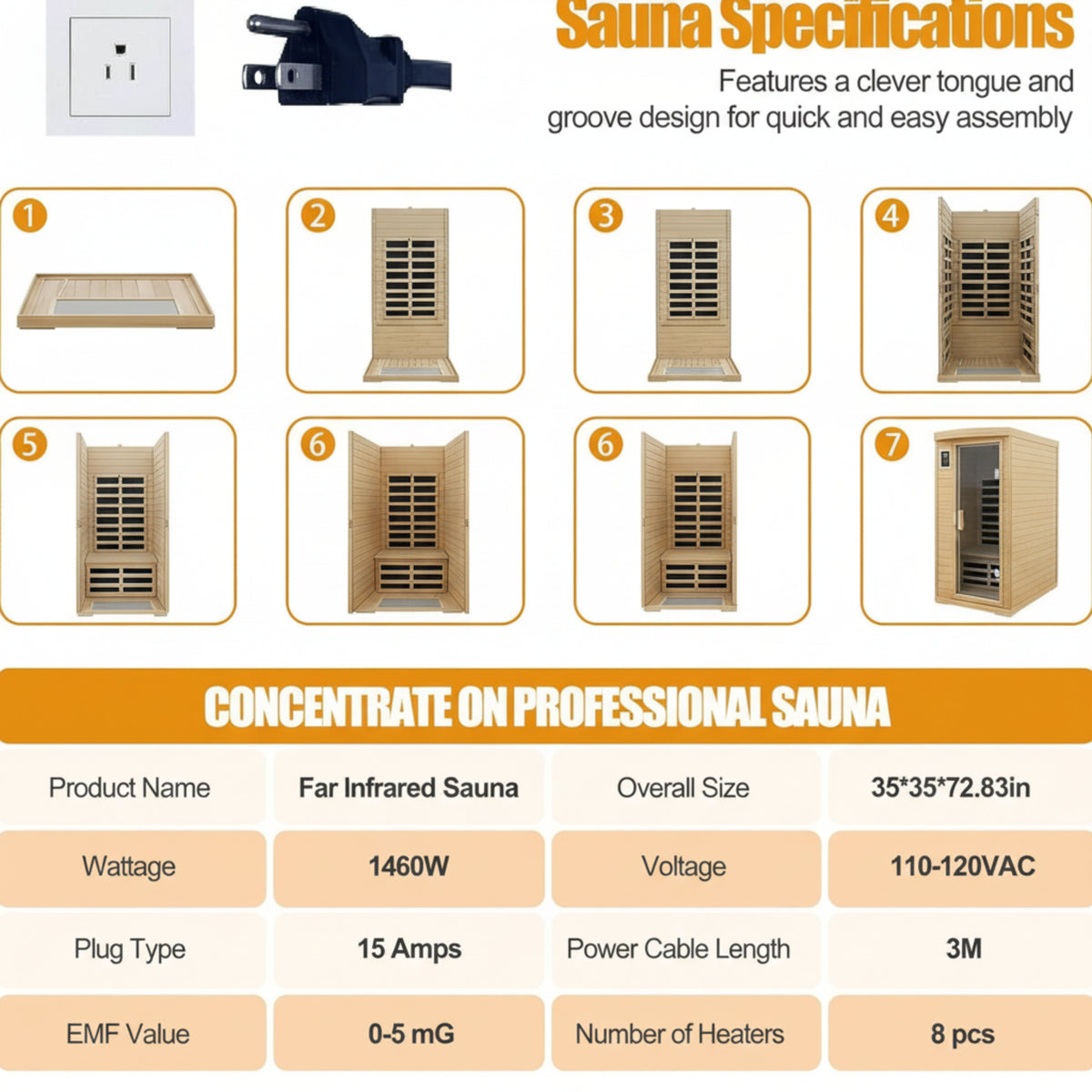 Far Infrared Sauna 1 Person Infrared Home Sauna Room 0-5Mg Utra Low EMF Home Sauna Spa 1460W Canadian Hemlock Wooden Indoor Dry Sauna with Door Heating Plate, 2 Control Panels